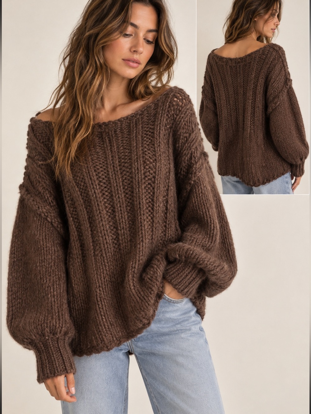 Free People Brown Oversized Chunky Knit Balloon Sleeve Sweater S